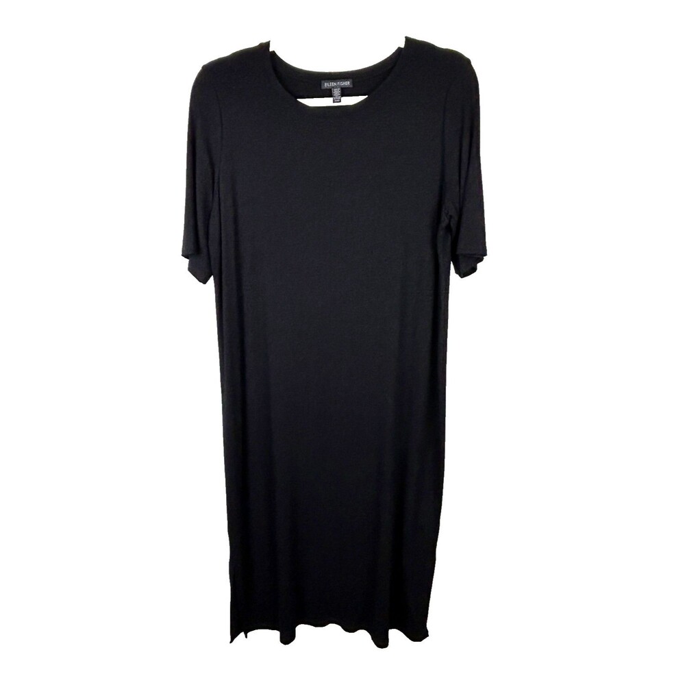Eileen Fisher Black T Shirt Dress Jersey Short Sleeves Side Vents Classic sz M